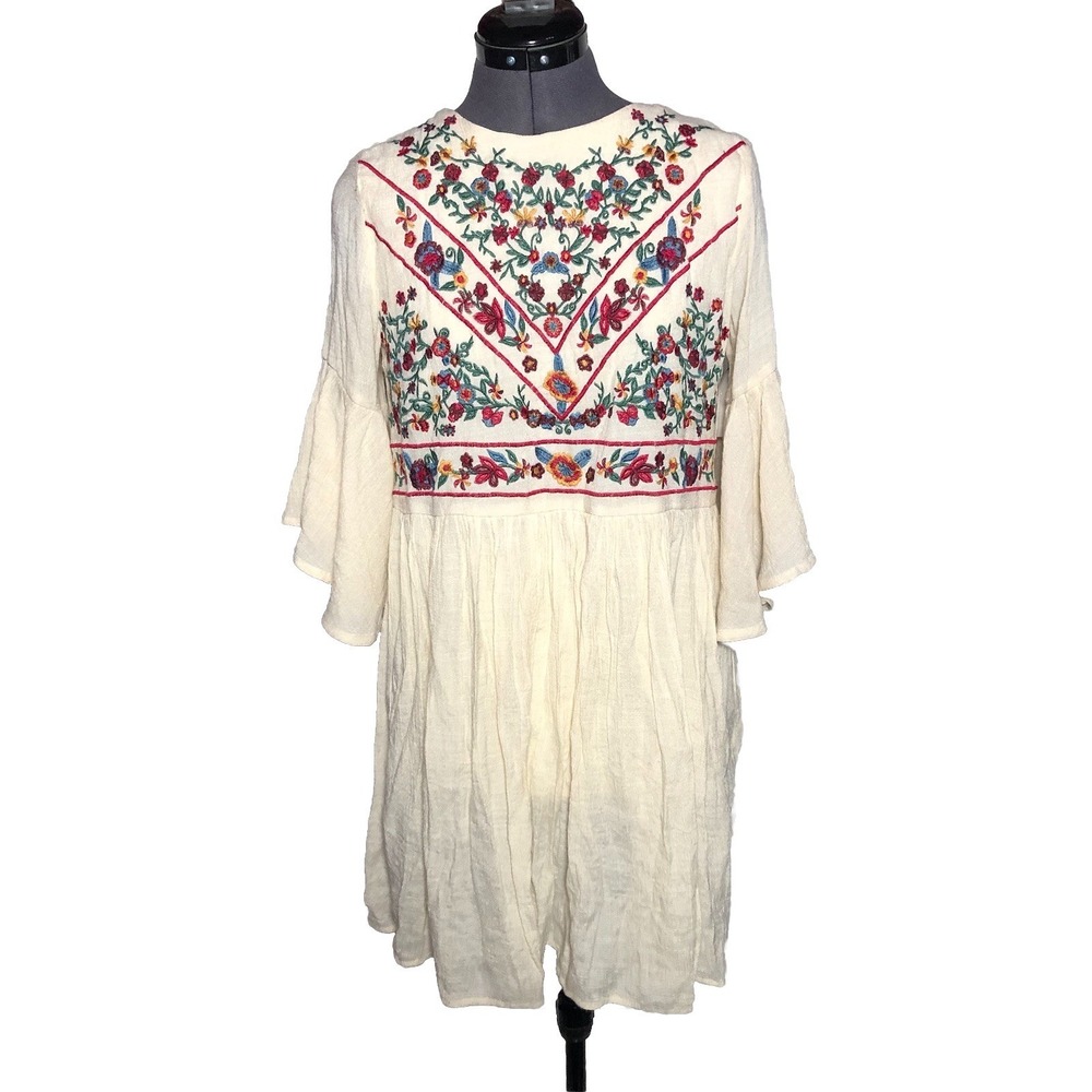 Boho Dress Floral Embroidered Babydoll Women Gauzy Cream Bell Sleeve Festival M